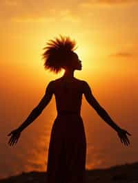 a spiritual seeker woman standing with outstretched armsat sunrise