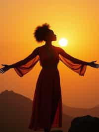 a spiritual seeker woman standing with outstretched armsat sunrise