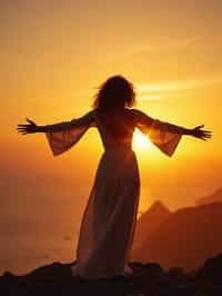 a spiritual seeker woman standing with outstretched armsat sunrise