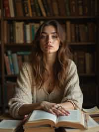 woman surrounded by books or sacred texts