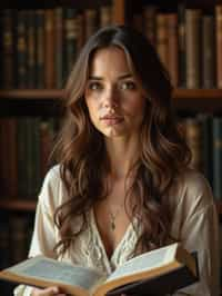 woman surrounded by books or sacred texts