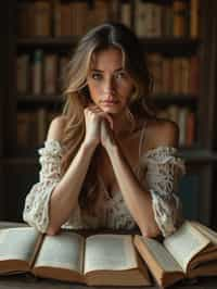 woman surrounded by books or sacred texts