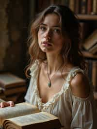 woman surrounded by books or sacred texts