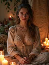 woman in a serene indoor space, surrounded by candles, crystals, and sacred symbols