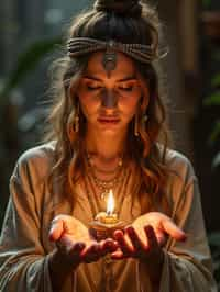 woman engaged in a sacred ritual or ceremony, adorned with symbolic attire