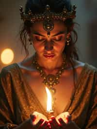 woman engaged in a sacred ritual or ceremony, adorned with symbolic attire