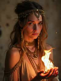 woman engaged in a sacred ritual or ceremony, adorned with symbolic attire