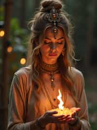 woman engaged in a sacred ritual or ceremony, adorned with symbolic attire