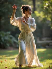 woman practicing Tai Chi in a serene garden