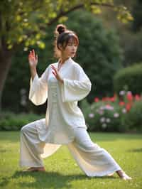 woman practicing Tai Chi in a serene garden