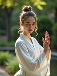 woman practicing Tai Chi in a serene garden