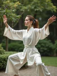 woman practicing Tai Chi in a serene garden