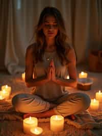 woman practicing mindfulness surrounded by candles or incense