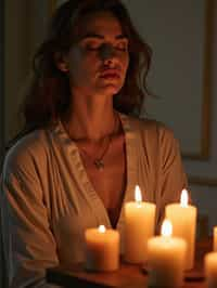 woman practicing mindfulness surrounded by candles or incense