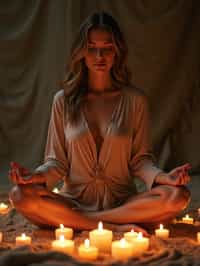 woman practicing mindfulness surrounded by candles or incense