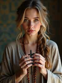 woman holding prayer beads or a sacred object,