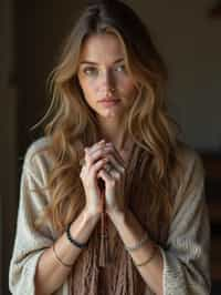 woman holding prayer beads or a sacred object,