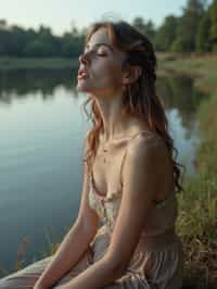 woman in deep contemplation, sitting by a tranquil lake