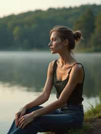 woman in deep contemplation, sitting by a tranquil lake