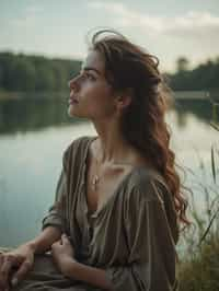 woman in deep contemplation, sitting by a tranquil lake