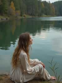 woman in deep contemplation, sitting by a tranquil lake