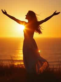 a spiritual seeker woman standing with outstretched armsat sunrise