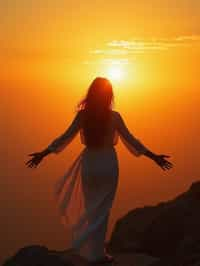 a spiritual seeker woman standing with outstretched armsat sunrise