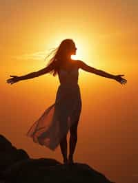 a spiritual seeker woman standing with outstretched armsat sunrise