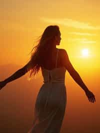 a spiritual seeker woman standing with outstretched armsat sunrise