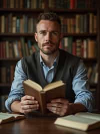 man surrounded by books or sacred texts