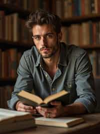 man surrounded by books or sacred texts