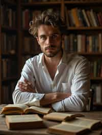 man surrounded by books or sacred texts