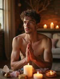 man in a serene indoor space, surrounded by candles, crystals, and sacred symbols