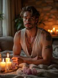 man in a serene indoor space, surrounded by candles, crystals, and sacred symbols