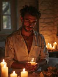 man in a serene indoor space, surrounded by candles, crystals, and sacred symbols