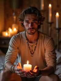 man in a serene indoor space, surrounded by candles, crystals, and sacred symbols