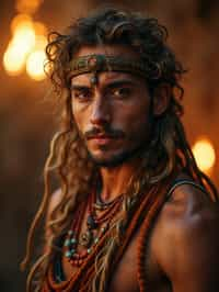 man engaged in a sacred ritual or ceremony, adorned with symbolic attire