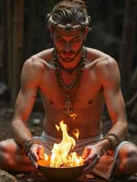 man engaged in a sacred ritual or ceremony, adorned with symbolic attire