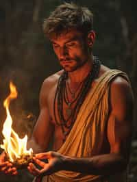 man engaged in a sacred ritual or ceremony, adorned with symbolic attire