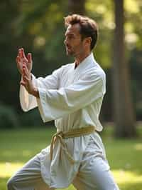 man practicing Tai Chi in a serene garden