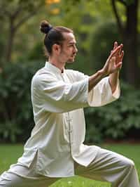 man practicing Tai Chi in a serene garden