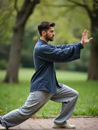 man practicing Tai Chi in a serene garden