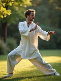 man practicing Tai Chi in a serene garden