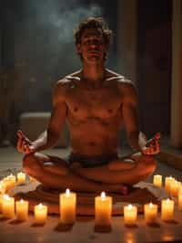 man practicing mindfulness surrounded by candles or incense