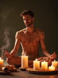 man practicing mindfulness surrounded by candles or incense