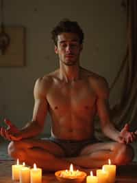 man practicing mindfulness surrounded by candles or incense