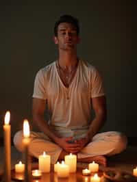 man practicing mindfulness surrounded by candles or incense