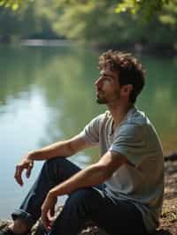 man in deep contemplation, sitting by a tranquil lake