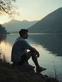 man in deep contemplation, sitting by a tranquil lake