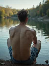 man in deep contemplation, sitting by a tranquil lake